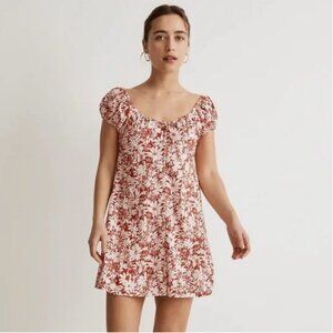 New Madewell Margie Cap-Sleeve Mini Lienen Dress in Abstract Flora Size 16 $128